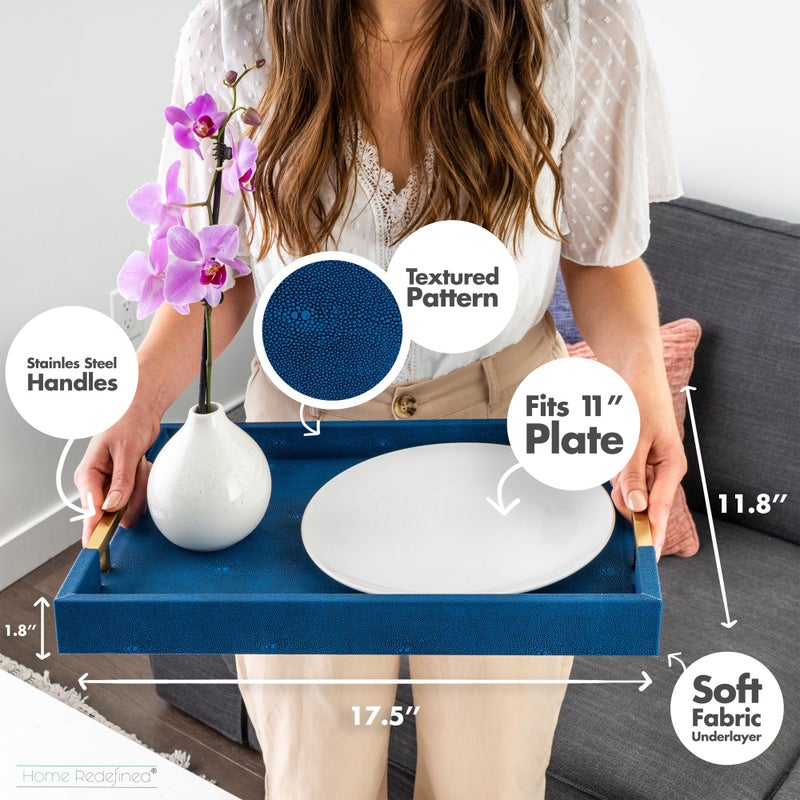 Home Redefined Modern Elegant 17.5â€x12â€ Rectangle Navy Blue Faux Leather Shagreen Decorative Tray Ottoman Tray Coffee Table Perfume Living Room Kitchen Serving Tray with Brass Gold Metal Handles by Home Redefined. - Image 3